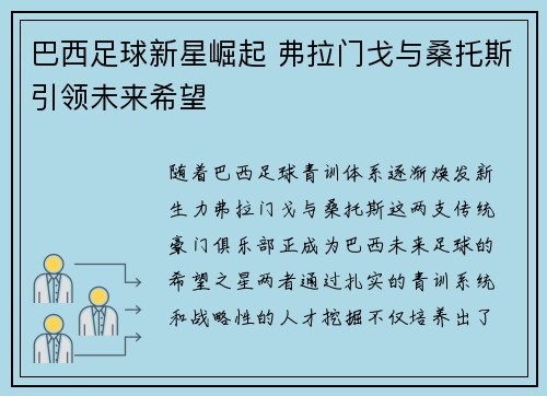 巴西足球新星崛起 弗拉门戈与桑托斯引领未来希望
